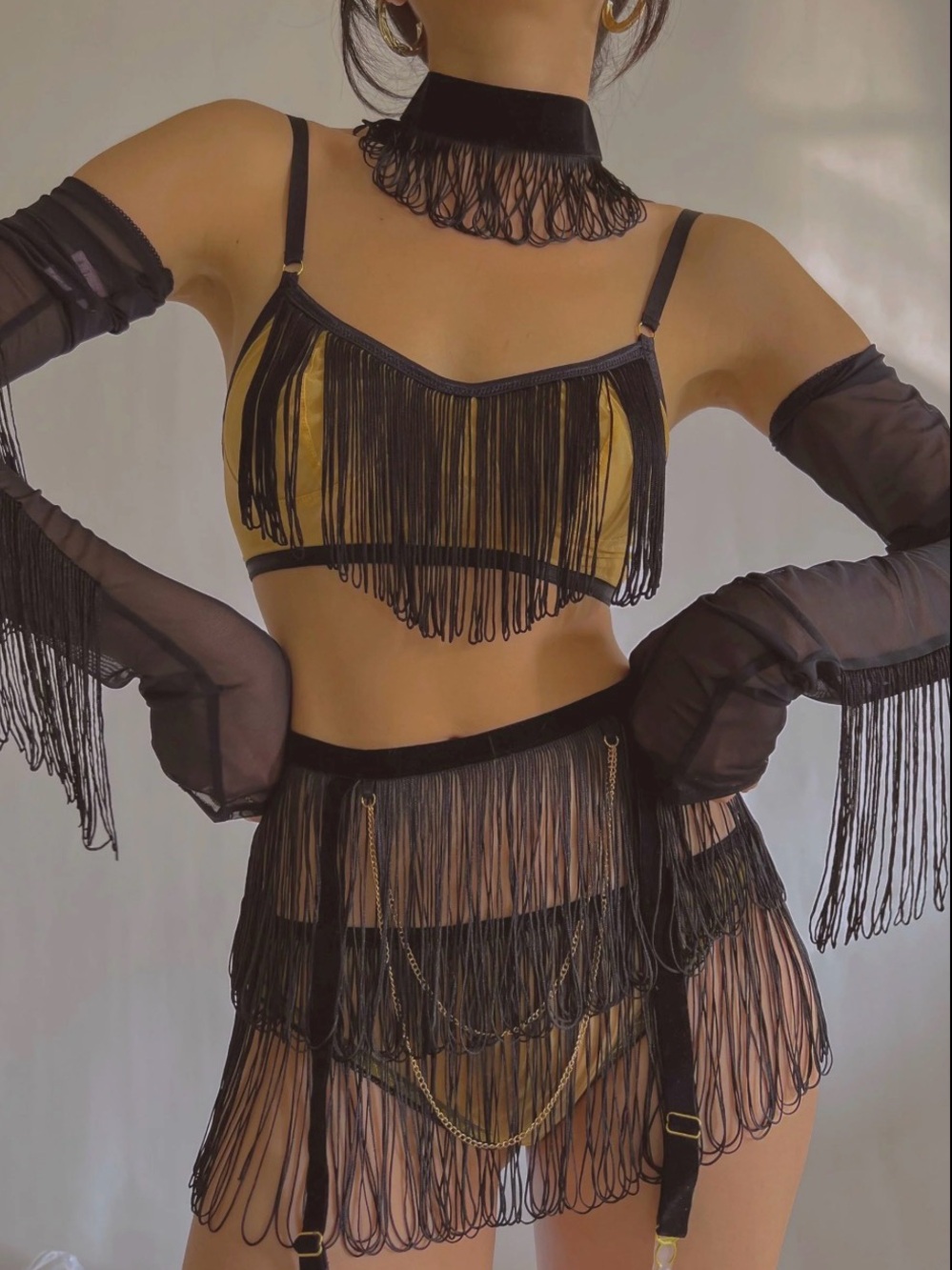 Empress Mimi Black Sheer Fringe Arm Sleeves